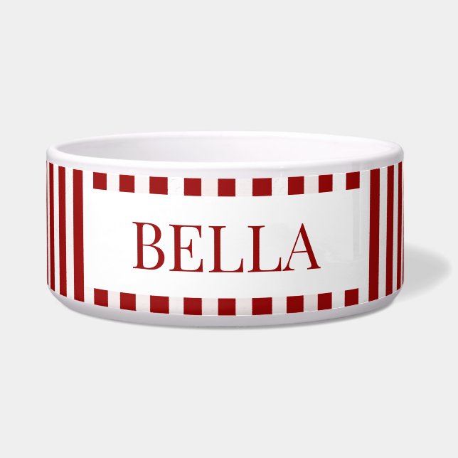Modern Red Stripes Pattern Minimal Dog Name Pet Voerbakje (Voorkant)