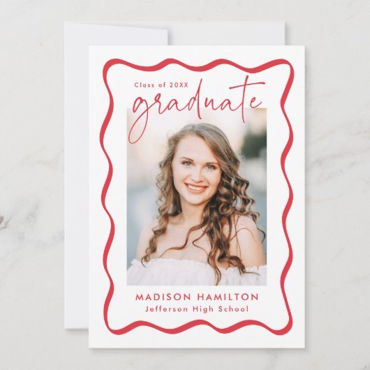 Modern Red Wavy Lijst 2 Foto Afstuderen Aankondiging (Voorkant)
