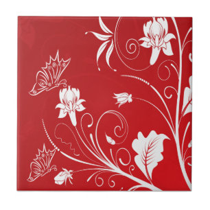 Modern Red & White Floral Tegeltje
