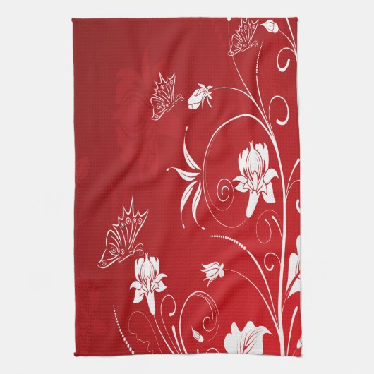 Modern Red & White Floral Theedoek (Verticaal)