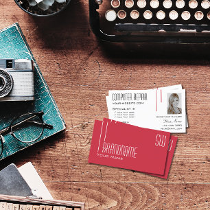 Modern Red White met monogram en foto Stijlvol Visitekaartje