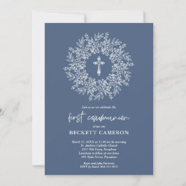 Modern Religious Blue Cross First Communion Kaart