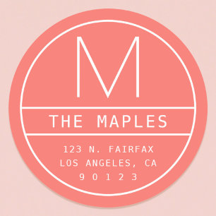 Modern retouradres en -monogram   Levend koraal Ronde Sticker