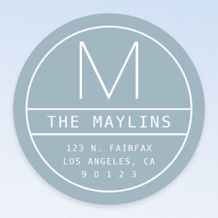 Modern retouradres & monogram Dusty Blue Ronde Sticker