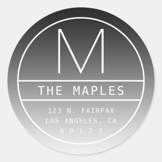 Modern retouradres & monogram | Verloop zwart Ronde Sticker (Voorkant)