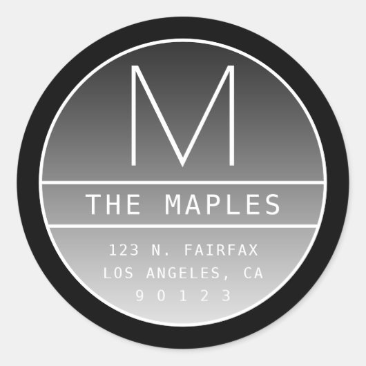 Modern retouradres & monogram | Verloop zwart Ronde Sticker (Voorkant)