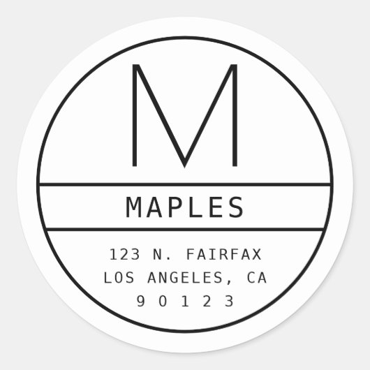 Modern retouradres & monogram | Wit & Zwart Ronde Sticker (Voorkant)