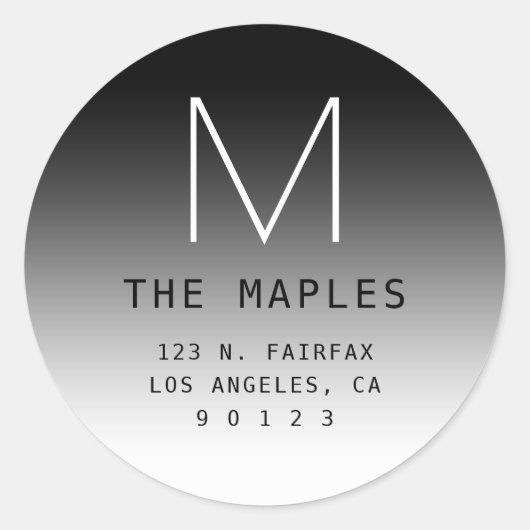 Modern retouradres & monogram | Zwart verloop Ronde Sticker (Voorkant)