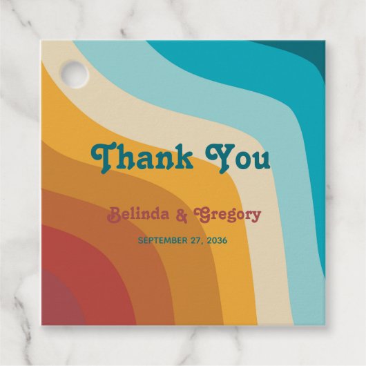 Modern Retro 70's kleurrijke regenbooggolven bruil Bedankjes Labels (Voorkant)