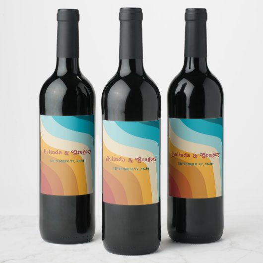 Modern Retro 70's kleurrijke regenbooggolven bruil Wijn Etiket (Flessen)