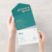 Modern Retro | Blauwgroen zegel en verzenden All In One Uitnodiging (Afscheurbaar)