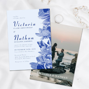 Modern Retro Blue Chinoiserie Floral Photo Wedding Kaart