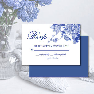 Modern Retro Blue en White Chinoiserie Floral RSVP Kaartje