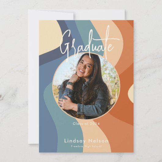 Modern Retro Blue Rust Cream Wave Photo Afstuderen Kaart (Voorkant)