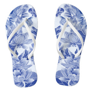 Modern Retro Blue Willow Chinoiserie Lotus Floral Teenslippers