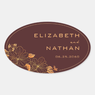 Modern Retro Burgundy & Gold Floral Wedding Ovale Sticker