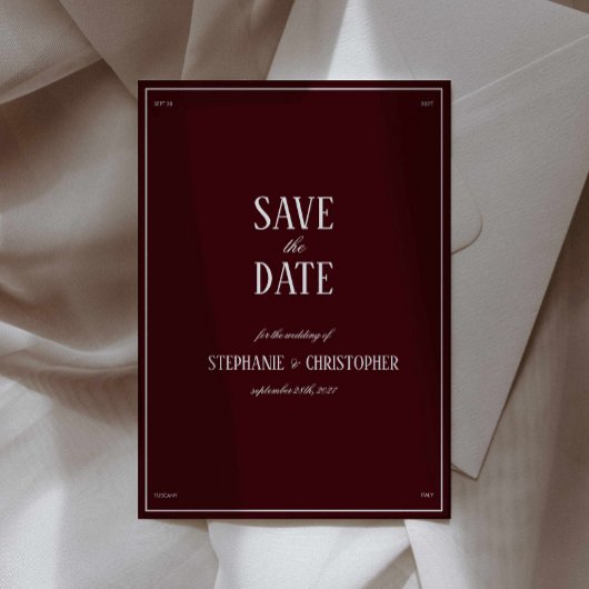 Modern Retro Burgundy Wedding Save the date Kaart