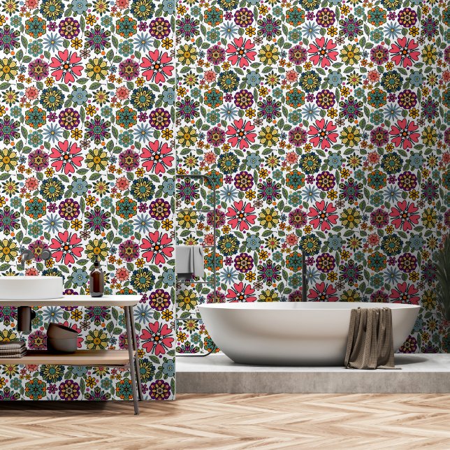 Modern Retro Floral Drawing Seamless Pattern Art Behang (Badkamer)