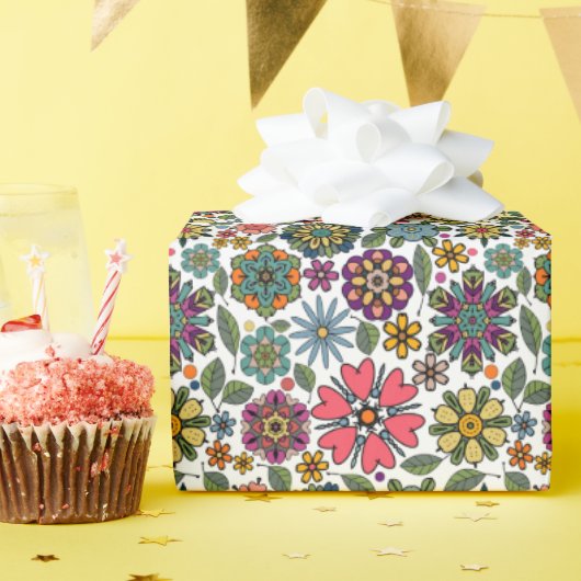 Modern Retro Floral Drawing Seamless Pattern Art Cadeaupapier (Verjaardagsfeest)