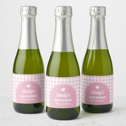Modern Retro Girly Pink Gingham Meisje Baby shower Sparkling Wijnetiket (Flessen)