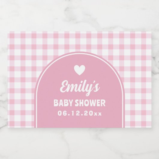 Modern Retro Girly Pink Gingham Meisje Baby shower Sparkling Wijnetiket (Enkel label)