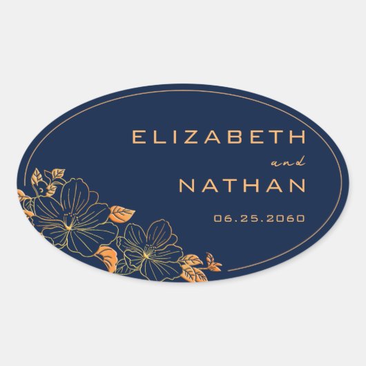 Modern Retro Gold Floral Navy Blue Wedding Ovale Sticker (Voorkant)