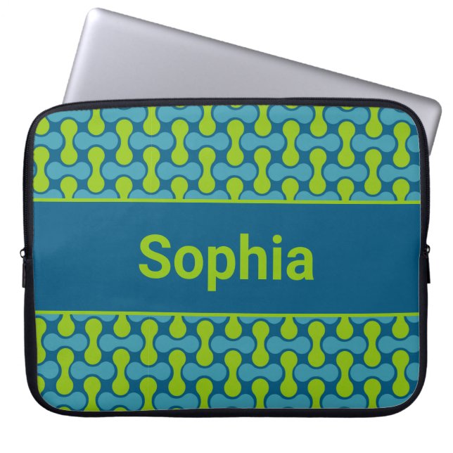 Modern Retro Link Pattern in Blue and Green Laptop Sleeve (Voorkant)