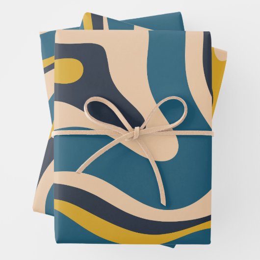Modern Retro Liquid Swirl Abstract Patroon Blauw Inpakpapier Vel (In situ)