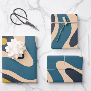 Modern Retro Liquid Swirl Abstract Patroon Blauw Inpakpapier Vel