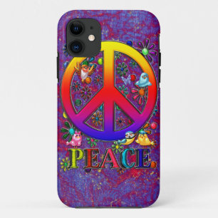 Modern Retro Peace Sign Text Birds & Flowers iPhone 11 Hoesje
