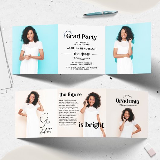 Modern Retro Photo Afstuderen Tri-Fold Invitation Drieluik Programma