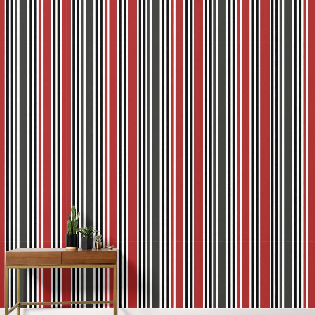 Modern Retro  Rood Zwart Grijs Strepen Behang (Hal)