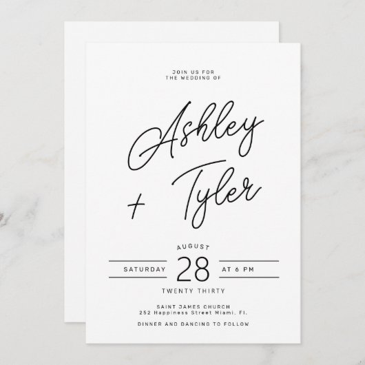 Modern retro whimsical script all in one wedding kaart (Voorkant / Achterkant)