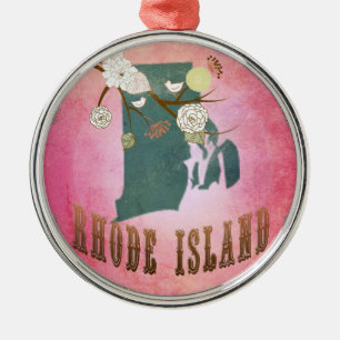 Modern Rhode Island State Map - Snoep Roze Metalen Ornament