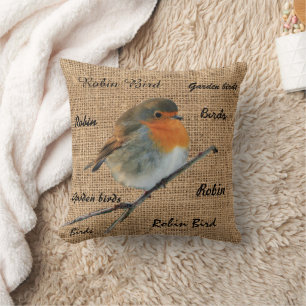 Modern  Robin Bird burlap script Kussen