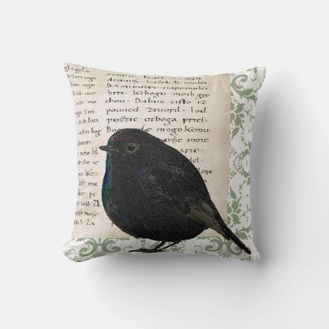 Modern  Robin-vogelmanuscript groene damask Kussen (Voorkant)