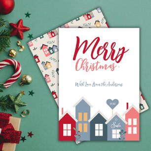 Modern Rode Stof Blauw Kerstman Dorp Vrolijk Kerst Feestdagenkaart