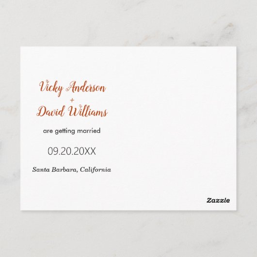 Modern roestscript bruiloft Sla de datumfoto op Briefkaart (Achterkant)