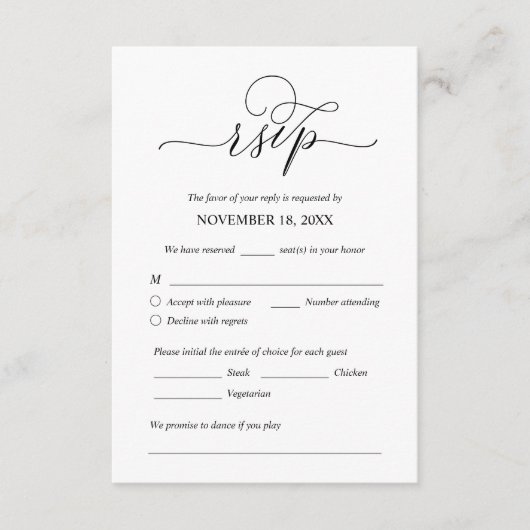 Modern Romantic, Black, Wedding Dinner RSVP Informatiekaartje (Voorkant)