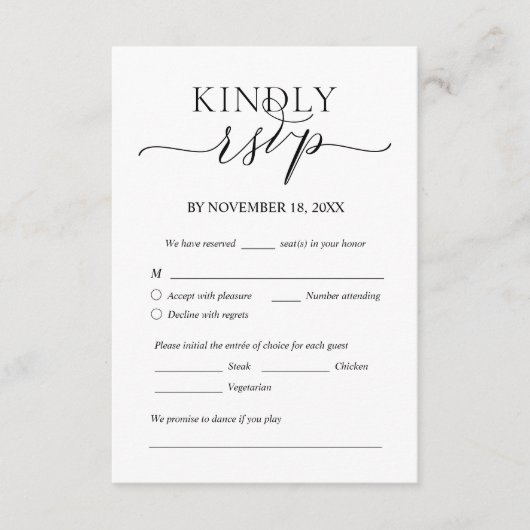 Modern Romantic, Black, Wedding Dinner RSVP Informatiekaartje (Voorkant)