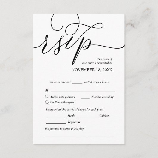 Modern Romantic, Black, Wedding Dinner RSVP Informatiekaartje (Voorkant)