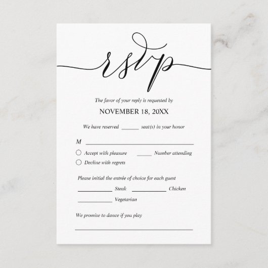 Modern Romantic, Black, Wedding Dinner RSVP Informatiekaartje (Voorkant)