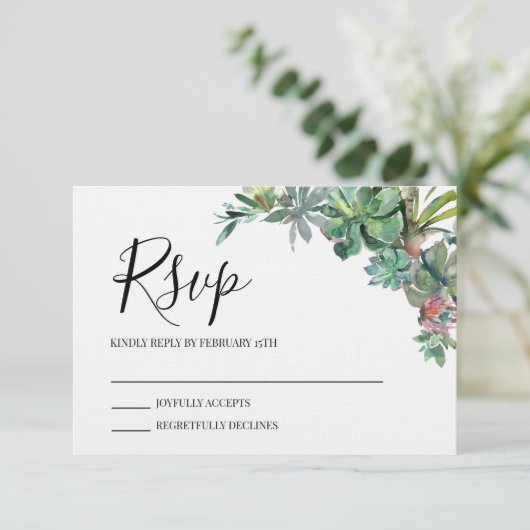 Modern Romantic Succulent Wedding RSVP Kaart (Staand voorkant)