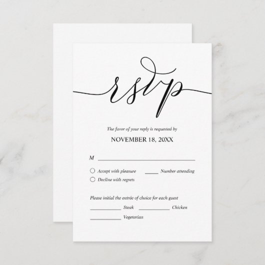 Modern Romantic, zwart script, bruiloft Dinner RSV Informatiekaartje (Voorkant / Achterkant)