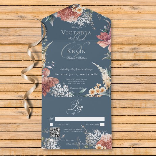 Modern Romantisch Blauw Tuin Bloemen QR Code All In One Uitnodiging