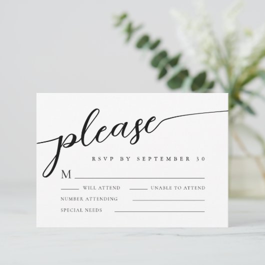 Modern romantisch script minimalistische bruiloft RSVP kaartje (Staand voorkant)