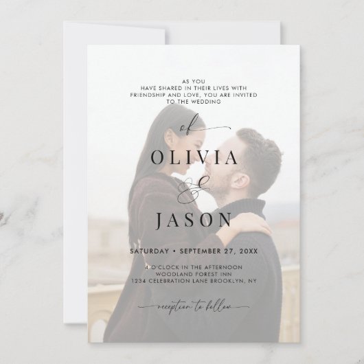 Modern romantisch script zwart wit 2 foto bruiloft kaart (Voorkant)