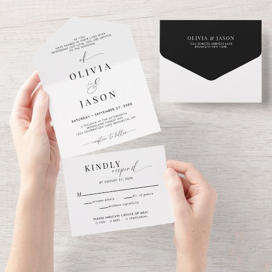 Modern romantisch script zwart wit bruiloft RSVP All In One Uitnodiging