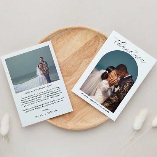 Modern romantisch zwart script 2 foto boog bruilof bedankkaart