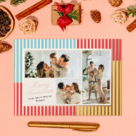 Modern Rood Blauw en Geel Gestreept 3 Foto Folie Feestdagenkaart